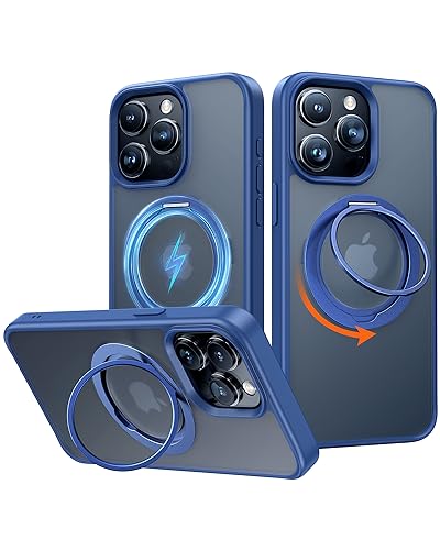 Meifigno 360°Loop Ständer Hülle kompatibel mit iPhone 15 Pro Hülle mit Halter, [Militärischer Schutz & Kompatibel mit Magsafe], Transparenter Metallring Handyhülle für iPhone 15 Pro 6,1’’, Blau von Meifigno