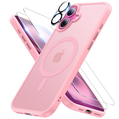 Meifigno 4 in 1 Entwickelt für iPhone 16 Hülle 6,1 Zoll, [Kompatibel mit MagSafe] [1 Hülle, 2 Schutzfolien, 1 Kamera-Schutzfolie] Militärischer Schutzhülle Case, Rosa von Meifigno