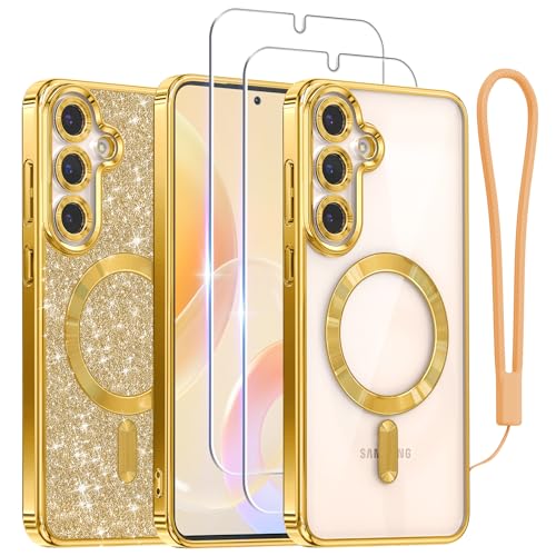 Meifigno Candy Series für Samsung Galaxy S25 Plus Hülle 6.7”, Compatible with MagSafe mit 2 Stück Screen Protectors, Glitter Card, Wrist Strap,Full Camera Protection for Galaxy S25 Plus Case, Gold von Meifigno