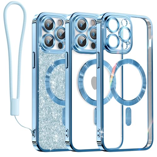 Meifigno Clear Hülle Kompatibel mit iPhone 13 Pro, [Kompatibel mit Magsafe][Glitzer Karte & Handschlaufe] Kameraschutz Transparent Case für iPhone 13 Pro 6,1’’ Frauen Mädchen, Himmelblau von Meifigno