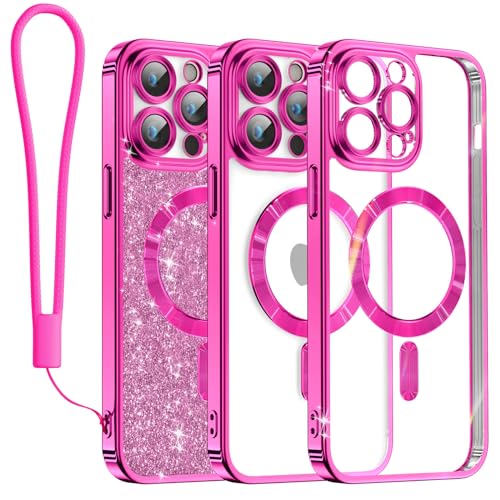 Meifigno Clear Hülle Kompatibel mit iPhone 13 Pro Max, [Kompatibel mit Magsafe][Glitzer Karte & Handschlaufe] Kameraschutz Transparent Case für iPhone 13 Pro Max 6,7’’ Frauen Mädchen, Barbie Rosa von Meifigno