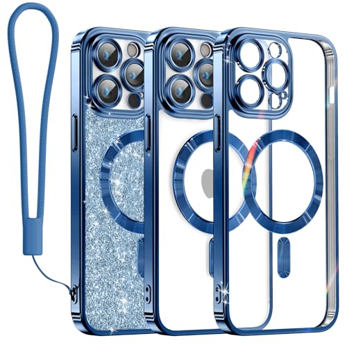 Meifigno Clear Hülle Kompatibel mit iPhone 13 Pro Max, [Kompatibel mit Magsafe][Glitzer Karte & Handschlaufe] Kameraschutz Transparent Case für iPhone 13 Pro Max 6,7’’ Frauen Mädchen, Dunkelblau von Meifigno