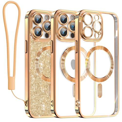 Meifigno Clear Hülle Kompatibel mit iPhone 14 Pro, [Kompatibel mit Magsafe][Glitzer Karte & Handschlaufe] Kameraschutz Transparent Case für iPhone 14 Pro 6,1’’ Frauen Mädchen, Messing Gold von Meifigno