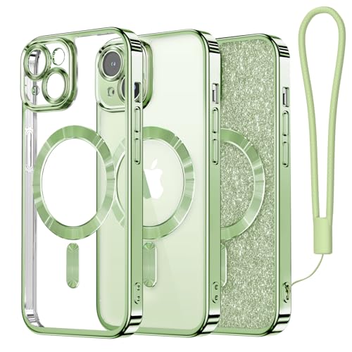 Meifigno Clear Hülle Kompatibel mit iPhone 15, [Kompatibel mit Magsafe][Glitzer Karte & Handschlaufe] Kameraschutz Transparent Case für iPhone 15 6,1’’ Frauen Mädchen, Grasgrün von Meifigno