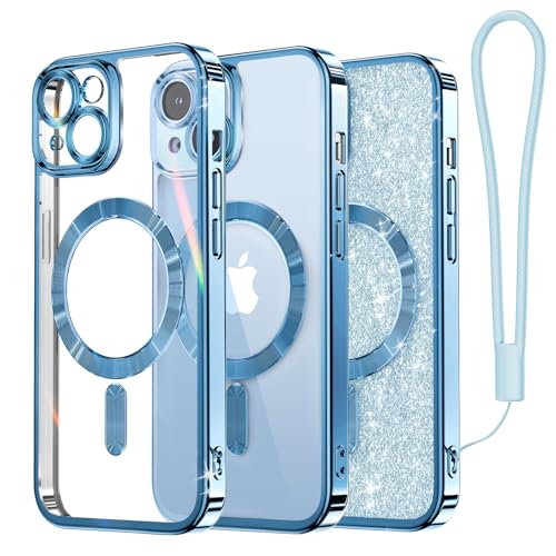 Meifigno Clear Hülle Kompatibel mit iPhone 15, [Kompatibel mit Magsafe][Glitzer Karte & Handschlaufe] Kameraschutz Transparent Case für iPhone 15 6,1’’ Frauen Mädchen, Himmelblau von Meifigno