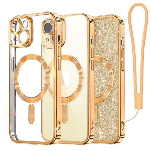 Meifigno Clear Hülle Kompatibel mit iPhone 15, [Kompatibel mit Magsafe][Glitzer Karte & Handschlaufe] Kameraschutz Transparent Case für iPhone 15 6,1’’ Frauen Mädchen, Messing Gold von Meifigno
