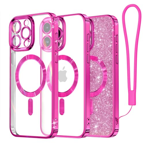 Meifigno Clear Hülle Kompatibel mit iPhone 15 Pro, [Kompatibel mit Magsafe][Glitzer Karte & Handschlaufe] Kameraschutz Transparent Case für iPhone 15 Pro 6,1’’ Frauen Mädchen, Barbie Rosa von Meifigno