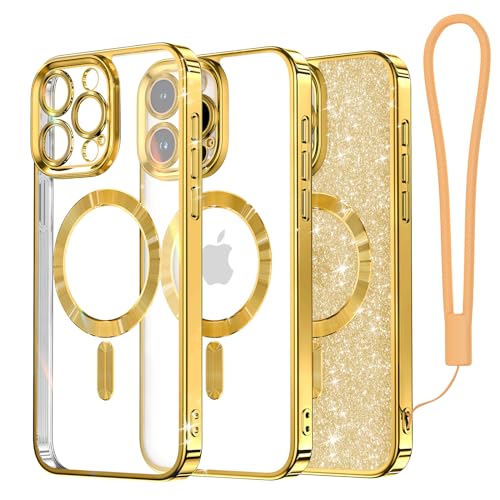 Meifigno Clear Hülle Kompatibel mit iPhone 15 Pro, [Kompatibel mit Magsafe][Glitzer Karte & Handschlaufe] Kameraschutz Transparent Case für iPhone 15 Pro 6,1’’ Frauen Mädchen, Gold von Meifigno