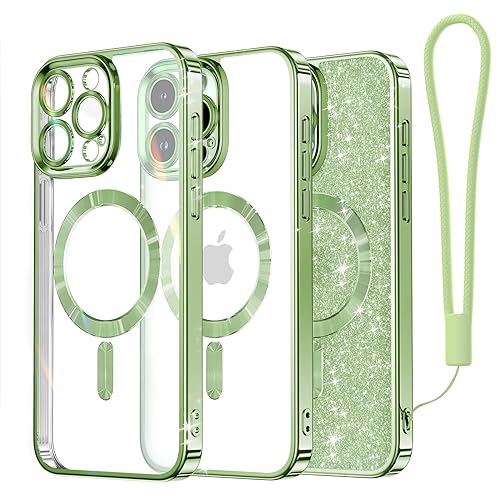 Meifigno Clear Hülle Kompatibel mit iPhone 15 Pro, [Kompatibel mit Magsafe][Glitzer Karte & Handschlaufe] Kameraschutz Transparent Case für iPhone 15 Pro 6,1’’ Frauen Mädchen, Grasgrün von Meifigno