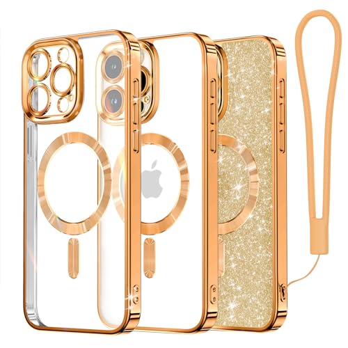 Meifigno Clear Hülle Kompatibel mit iPhone 15 Pro, [Kompatibel mit Magsafe][Glitzer Karte & Handschlaufe] Kameraschutz Transparent Case für iPhone 15 Pro 6,1’’ Frauen Mädchen, Messing Gold von Meifigno