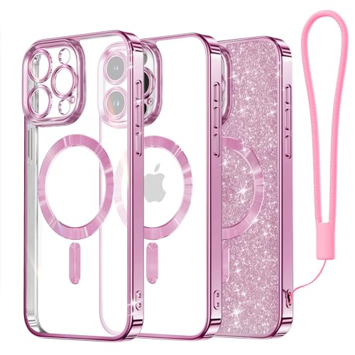 Meifigno Clear Hülle Kompatibel mit iPhone 15 Pro, [Kompatibel mit Magsafe][Glitzer Karte & Handschlaufe] Kameraschutz Transparent Case für iPhone 15 Pro 6,1’’ Frauen Mädchen, Rosa Lavendel von Meifigno