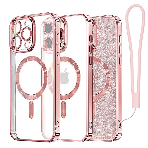 Meifigno Clear Hülle Kompatibel mit iPhone 15 Pro, [Kompatibel mit Magsafe][Glitzer Karte & Handschlaufe] Kameraschutz Transparent Case für iPhone 15 Pro 6,1’’ Frauen Mädchen, Roségold von Meifigno