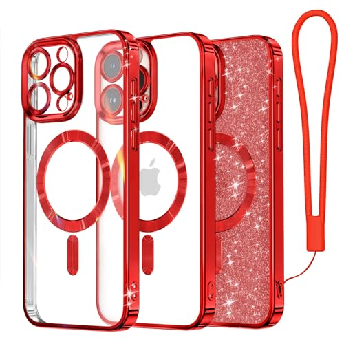 Meifigno Clear Hülle Kompatibel mit iPhone 15 Pro, [Kompatibel mit Magsafe][Glitzer Karte & Handschlaufe] Kameraschutz Transparent Case für iPhone 15 Pro 6,1’’ Frauen Mädchen, Rot von Meifigno