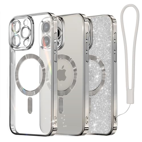 Meifigno Clear Hülle Kompatibel mit iPhone 15 Pro, [Kompatibel mit Magsafe][Glitzer Karte & Handschlaufe] Kameraschutz Transparent Case für iPhone 15 Pro 6,1’’ Frauen Mädchen, Titan Silber von Meifigno
