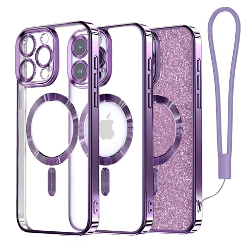 Meifigno Clear Hülle Kompatibel mit iPhone 15 Pro Max, [Kompatibel mit Magsafe][Glitzer Karte & Handschlaufe] Kameraschutz Transparent Case für iPhone 15 Pro Max 6,7’’ Frauen Mädchen, Dunkelviolett von Meifigno