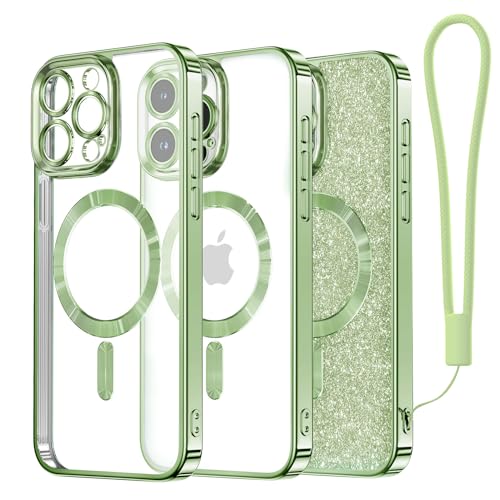 Meifigno Clear Hülle Kompatibel mit iPhone 15 Pro Max, [Kompatibel mit Magsafe][Glitzer Karte & Handschlaufe] Kameraschutz Transparent Case für iPhone 15 Pro Max 6,7’’ Frauen Mädchen, Grasgrün von Meifigno