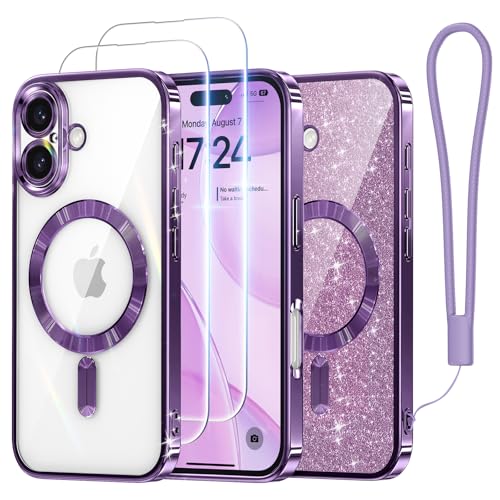 Meifigno Hülle Entwickelt für iPhone 16 Plus, [Kompatibel mit MagSafe][2 Displayschutzfolien] [Glitzerkarte & Handschlaufe] Vollständiger Kameraschutz Entwickelt für 6.7 Zoll Handyhülle, Violett von Meifigno
