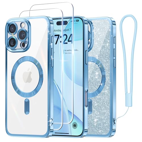 Meifigno Hülle Entwickelt für iPhone 16 Pro, [Kompatibel mit MagSafe][2 Displayschutzfolien] [Glitzerkarte & Handschlaufe] Vollständiger Kameraschutz Entwickelt für 6.3 Zoll Handyhülle, Himmelblau von Meifigno