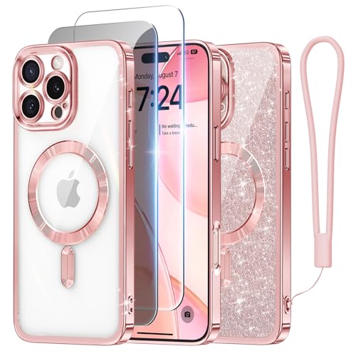 Meifigno Hülle Entwickelt für iPhone 16 Pro, [Kompatibel mit MagSafe][1 Stück HD Clear + 1 Stück Privacy] [Glitzerkarte & Handschlaufe] Vollständiger Kameraschutz für 6.3 Zoll Handyhülle, Roségold von Meifigno