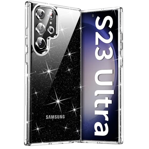 Meifigno Clear Hülle für Samsung Galaxy S23 Ultra (6.8 Zoll), [30X Anti-Gelb] [Militär getestet, Super Clear] Harter PC mit weicher Stoßstange Hülle für Galaxy S23 Ultra 6.8 Zoll, Glitzer von Meifigno