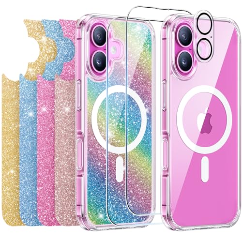 Meifigno Clear Hülle Entwickelt für iPhone 16, Anti-Vergilbung, Kompatibel mit MagSafe, [2 Schutzfolien, 1 Kamera-Schutzfolie, 5 Glitzer-Karten] Handyhülle Entwickelt für 6,1 Zoll, Transparent von Meifigno