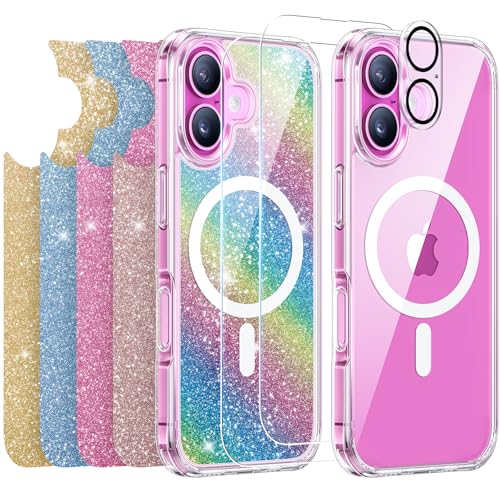 Meifigno Clear Hülle Entwickelt für iPhone 16 Plus, Anti-Vergilbung, Kompatibel mit MagSafe, [2 Schutzfolien, 1 Kamera-Schutzfolie, 5 Glitzer-Karten] Handyhülle Entwickelt für 6,1 Zoll, Transparent von Meifigno