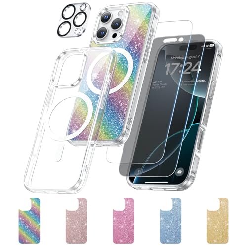 Meifigno Clear Hülle Entwickelt für iPhone 16 Pro, Anti-Vergilbung, Kompatibel mit MagSafe, [2 Schutzfolien, 1 Sichtschutz, 1 Kamera-Schutzfolie, 5 Glitzer-Karten] Handyhülle, Transparent von Meifigno