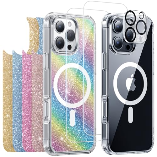 Meifigno Clear Hülle Entwickelt für iPhone 16 Pro, Anti-Vergilbung, Kompatibel mit MagSafe, [2 Schutzfolien, 1 Kamera-Schutzfolie, 5 Glitzer-Karten] Handyhülle Entwickelt für 6,3 Zoll, Transparent von Meifigno
