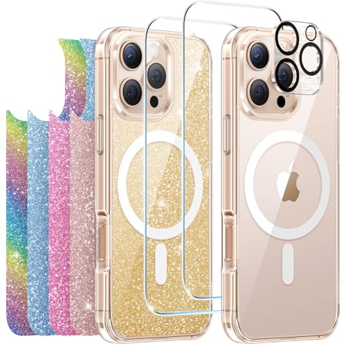 Meifigno Clear Hülle Entwickelt für iPhone 16 Pro Max, Anti-Vergilbung, Kompatibel mit MagSafe, [2 Schutzfolien, 1 Kamera-Schutzfolie, 5 Glitzer-Karten] Handyhülle Entwickelt für 6,9 Zoll, Transparent von Meifigno