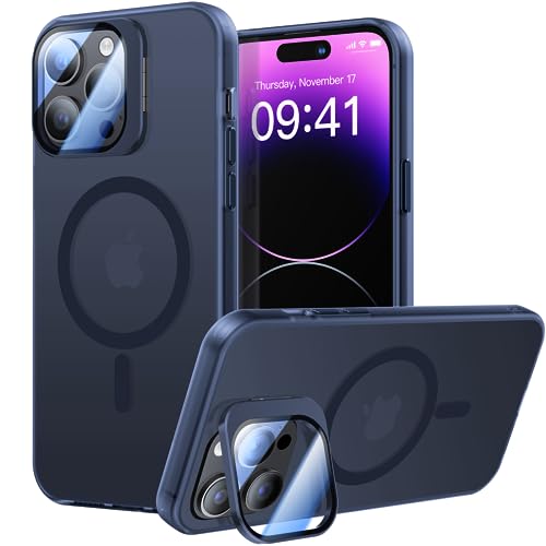 Meifigno Fenster Mag Serie für iPhone 14 Pro Hülle mit Ständer, [Kompatibel mit MagSafe & Kamera Halter Schutz] Handyhülle für iPhone 14 Pro 6.1", Transparente Matte Rückseite Case, Blau von Meifigno