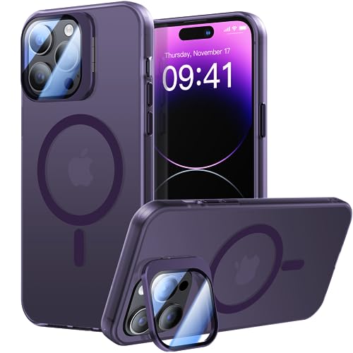 Meifigno Fenster Mag Serie für iPhone 14 Pro Hülle mit Ständer, [Kompatibel mit MagSafe & Kamera Halter Schutz] Handyhülle für iPhone 14 Pro 6.1", Transparente Matte Rückseite Case, Violett von Meifigno