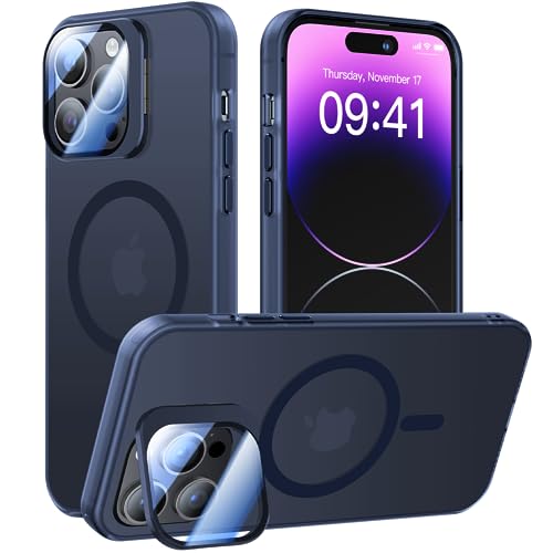 Meifigno Fenster Mag Serie für iPhone 14 Pro Max Hülle mit Ständer, [Kompatibel mit MagSafe & Kamera Halter Schutz] Handyhülle für iPhone 14 Pro Max 6.7", Transparente Matte Rückseite Case, Blau von Meifigno