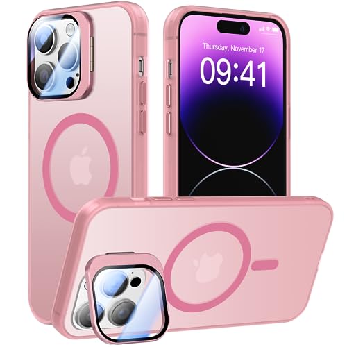 Meifigno Fenster Mag Serie für iPhone 14 Pro Max Hülle mit Ständer, [Kompatibel mit MagSafe & Kamera Halter Schutz] Handyhülle für iPhone 14 Pro Max 6.7", Transparente Matte Rückseite Case, Rosa von Meifigno