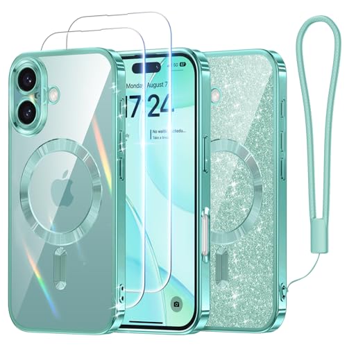 Meifigno Hülle Entwickelt für iPhone 16 Plus, [Kompatibel mit MagSafe][2 Displayschutzfolien] [Glitzerkarte & Handschlaufe] Vollständiger Kameraschutz Entwickelt für 6.7 Zoll Handyhülle, Teal von Meifigno