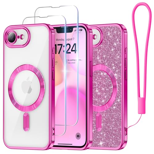 Meifigno Hülle Entwickelt für iPhone 16e, [Kompatibel mit MagSafe][2 Displayschutzfolien] [Glitzerkarte & Handschlaufe] Vollständiger Kameraschutz Entwickelt für 6.1 Zoll Handyhülle, Heiß Rosa von Meifigno