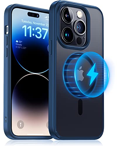 Meifigno Magic Mag Hülle kompatibel mit iPhone 14 Pro, [Militärgeprüft & Kompatibel mit Magsafe], Durchscheinende Matte Rückseite mit weichem Rahmen, Handyhülle für iPhone 14 Pro 6.1 Zoll, Blau von Meifigno