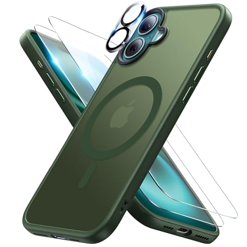 Meifigno 4 in 1 Entwickelt für iPhone 16 Hülle 6,1 Zoll, [Kompatibel mit MagSafe] [1 Hülle, 2 Schutzfolien, 1 Kamera-Schutzfolie] Militärischer Schutzhülle Case, Grün von Meifigno