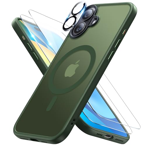 Meifigno 4 in 1 Entwickelt für iPhone 16 Plus Hülle 6,7 Zoll, [Kompatibel mit MagSafe] [1 Hülle, 2 Schutzfolien, 1 Kamera-Schutzfolie] Militärischer Schutzhülle Case, Grün von Meifigno