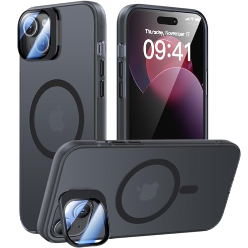 Meifigno Schutzhülle kompatibel mit iPhone 15 Hülle mit Ständer, [Kompatibel mit Magsafe & Kamera Halter Schutz] Handyhülle für iPhone 15 6.1", Transparente Matte Rückseite Case, Schwarz von Meifigno