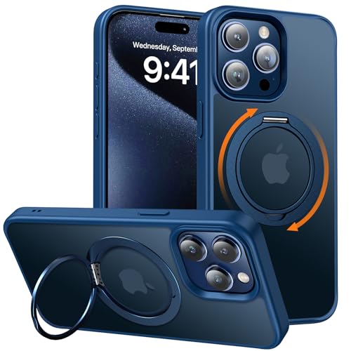 Meifigno Upgrade 360° Loop Stand Serie für iPhone 15 Pro Hülle mit Ständer, [MagSafe Kompatibel][Militärischer Schutz], Durchsichtige Metallring Handyhülle für iPhone 15 Pro 6,1 Zoll, Mattblau von Meifigno