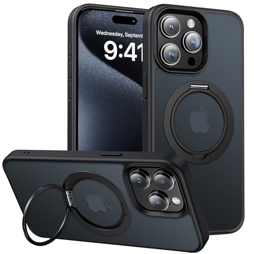 Meifigno Upgrade 360° Loop Stand Serie für iPhone 15 Pro Max Hülle mit Ständer, [MagSafe Kompatibel][Militärischer Schutz], Durchsichtige Metallring Handyhülle für iPhone 15 Pro Max 6,7'', Schwarz von Meifigno