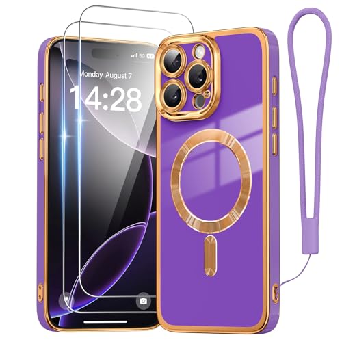 Meifigno für iPhone 16 Pro Max Hülle, [Kompatibel mit MagSafe][Handschlaufe & 2X Displayschutzfolien][Vollständiger Kameraschutz] Frauen Niedlich Luxus Beschichtung Hülle, Violett & Gold von Meifigno