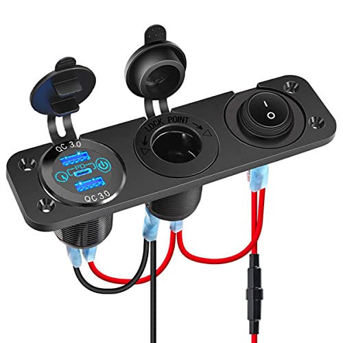 Auto Ladegerät Schalttafel, 12V-24 Dual QC3.0 USB Ports +PD Port Ladebuchse Mit Berühren Schalter + Zigarettenanzünder Adapter+ ON/Off Schalter Toggle Panel (3 Loch Panel) von Meijeegu