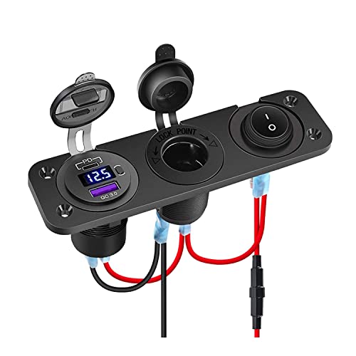 Auto Ladegerät Schalttafel, 12V-24 QC3.0 USB Port +PD Port Ladebuchse Mit EIN/AUS Schalter + Zigarettenanzünder Adapter+ Voltmeter + ON/OFF Schalter Toggle Panel (3 Loch Panel) von Meijeegu