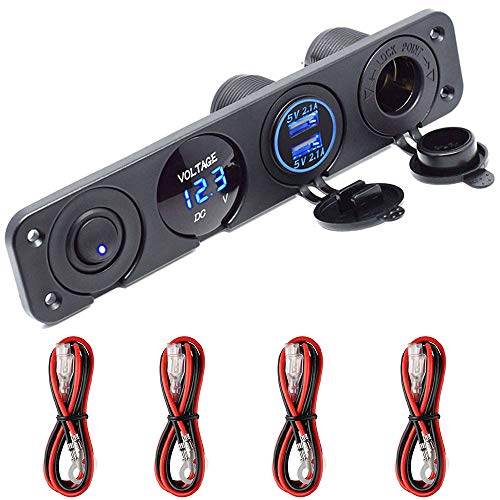 Dual USB Buchse Ladegerät 2.1A + 2.1A + LED Voltmeter + 12V Steckdose + ON-OFF Kippschalter Vier Funktionen Panel für Auto Boot Marine RV Truck Camper Fahrzeuge GPS Usw (Blau) von Meijeegu
