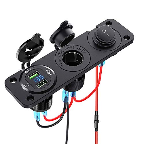 Dual USB Buchse Ladegerät 2.1A + 2.1A + LED Voltmeter + 12V Steckdose + ON-OFF Kippschalter Vier Funktionen Panel für Auto Boot Marine RV Truck Camper Fahrzeuge GPS Usw (Blau-1) von Meijeegu