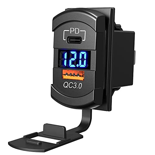 USB Auto Steckdose KFZ Schnellladung Ladegerät QC3.0+ PD +Voltmeter für 12V/24V Fahrzeuge KFZ Boot Motorrad SUV Bus LKW Wohnwagen Marine (Blau) von Meijeegu