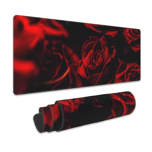 Gaming-Mauspad mit Rose, abstrakte rote Rose und schwarze Blätter, erweitertes Mauspad, große Schreibtischunterlage mit rutschfester Unterseite und genähtem Rand, Computer-Tastatur-Mauspad für Gaming-Mauspad mit Rose, abstrakte rote Rose und schwarze Blätter, erweitertes Mauspad, große Schreibtischunterlage mit rutschfester Unterseite und genähtem Rand, Computer-Tastatur-Mauspad für von Meikosks