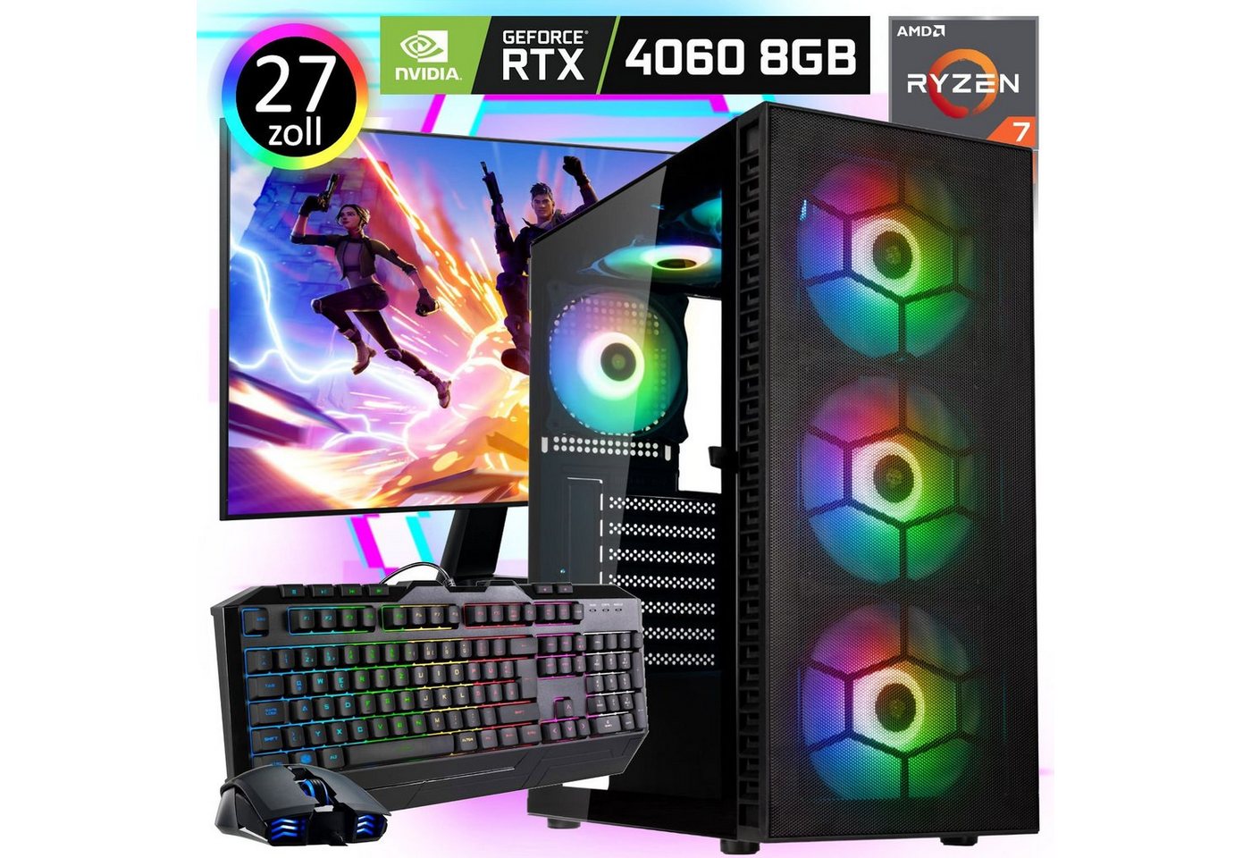 Meinpc 2K-Set Ryzen 7 RTX 4060 Gaming-PC-Komplettsystem (27,00, AMD Ryzen 7 5700X, Nvidia GeForce RTX 4060 8GB, 32 GB RAM, 1000 GB SSD, Gamer, Gaming, RGB, Windows 11 Pro)" von Meinpc