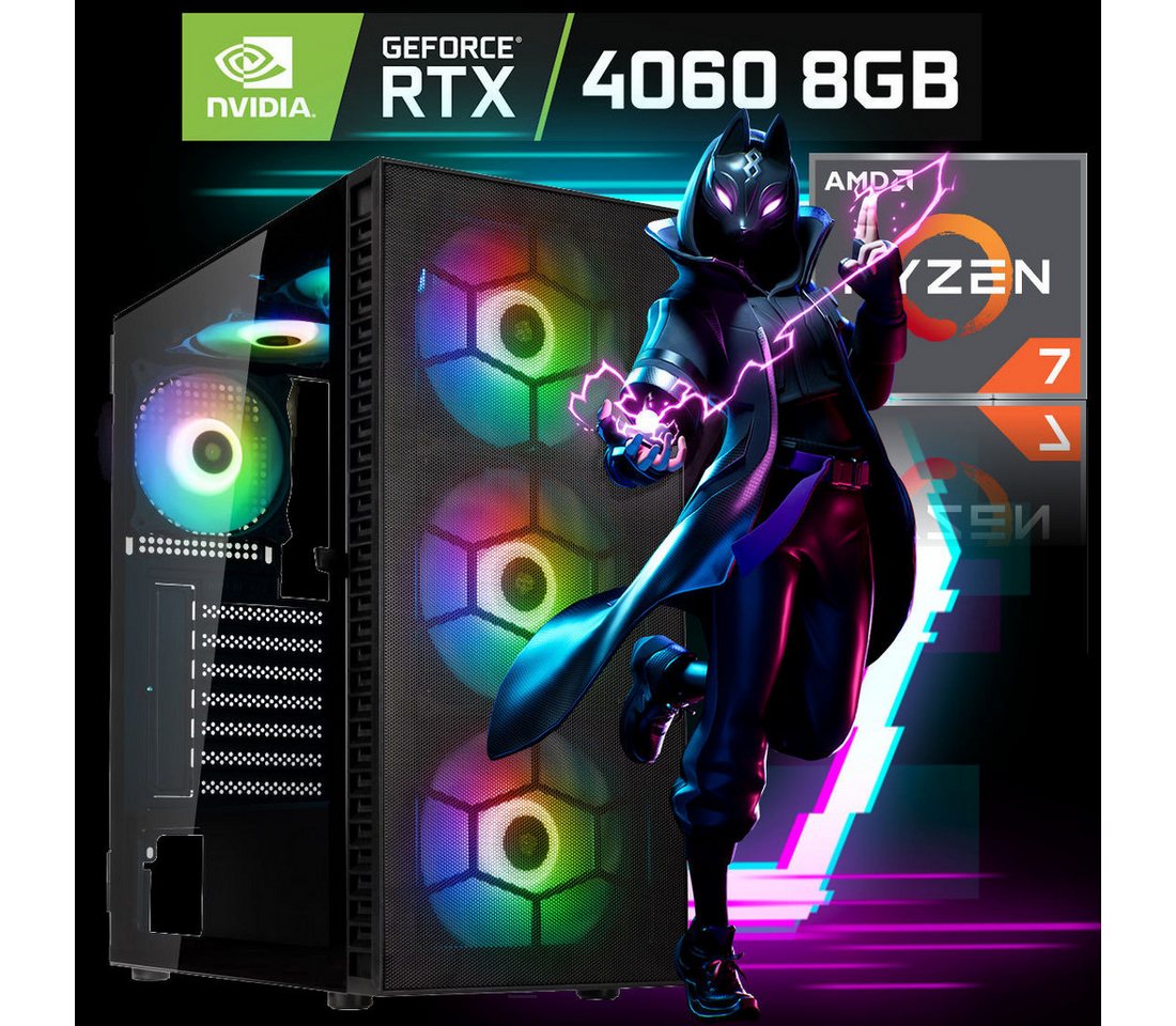 Meinpc Black Knight 7700 RTX 4060 Gaming-PC (AMD Ryzen 7 AMD Ryzen 7 7700, GeForce RTX 4060 8GB, 32 GB RAM, 500 GB SSD, RGB Tower, Gaming, Gamer, RGB, DDR5 Ram) von Meinpc